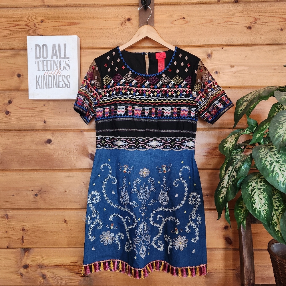 V Cristina Boho Chambray Mesh Fringe Tassle Embroidered Dress Hippie Tribal Sz 8